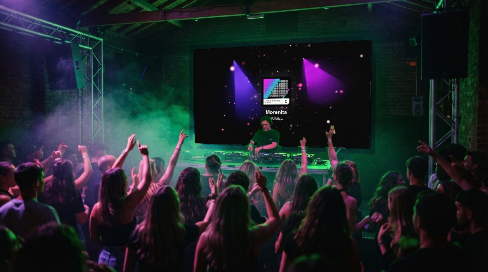 A club, the crowd with arms raised in front of the DJ; behind him, the LED wall shows Halofloor visuals and the cover of Morenita by HUGEL.