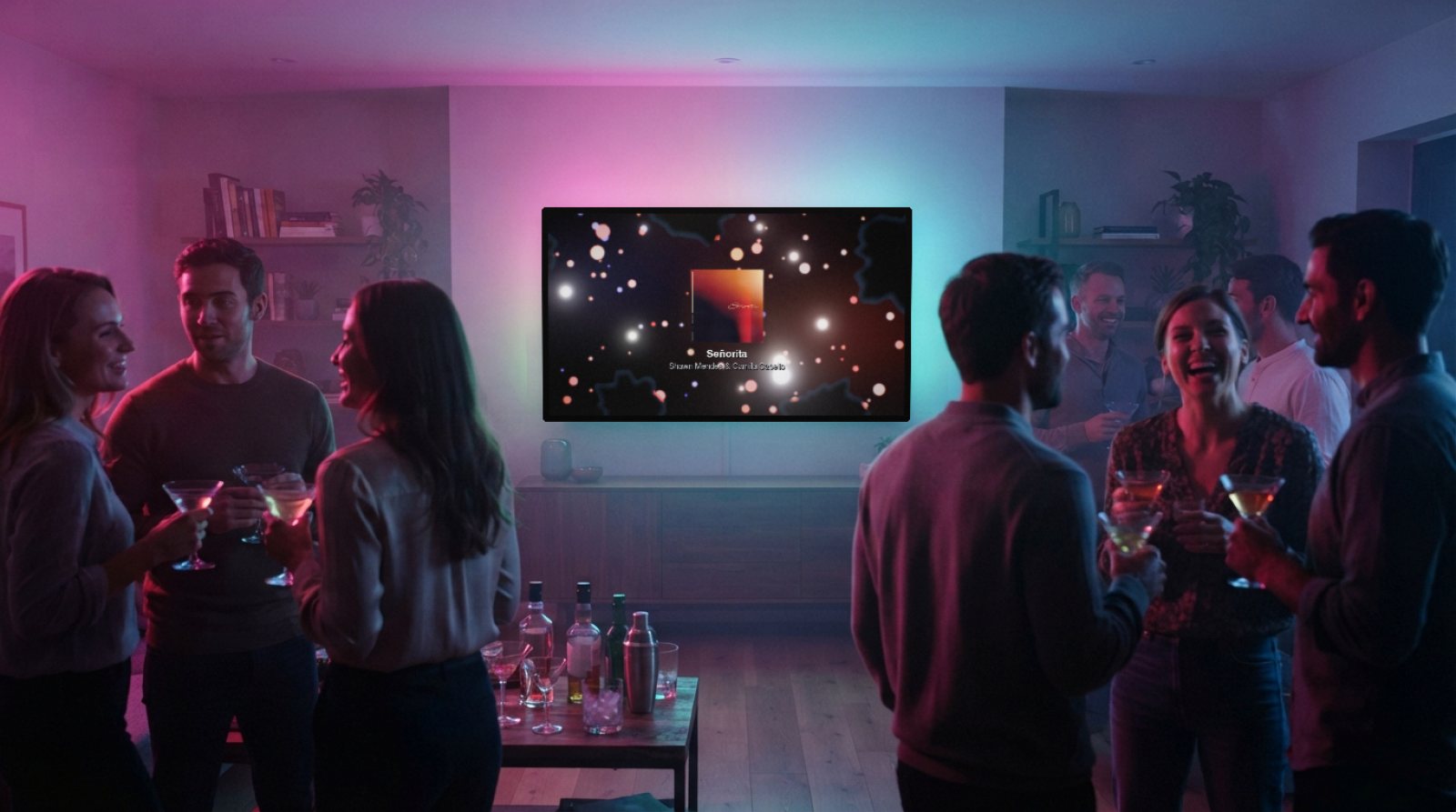 A cocktail evening with friends in a living room; on the wall-mounted TV, Halofloor visuals and the cover of Señorita by Shawn Mendes and Camila Cabello.