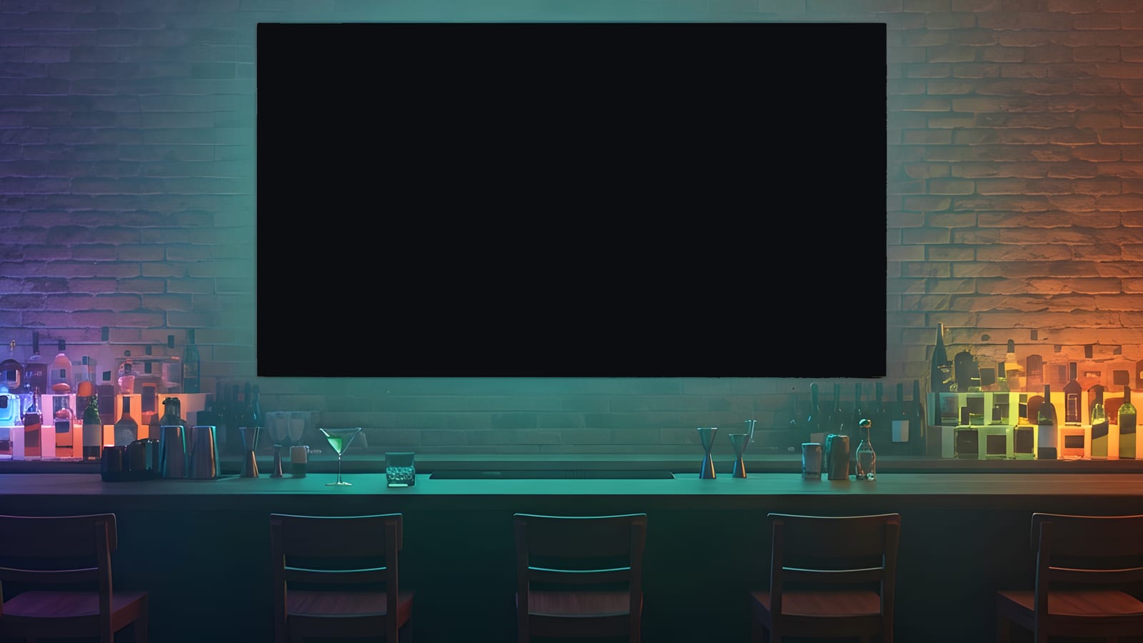 Bar at night: brick wall, shelves of backlit colorful bottles, a row of stools along the counter, and a large screen above showing a night drive.