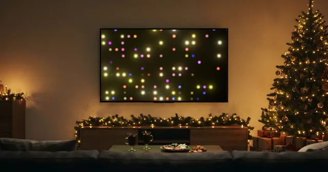 Salón decorado para Navidad: un árbol iluminado, guirnalda sobre el mueble de la tele, regalos al pie del árbol y la tele con luces cálidas.
