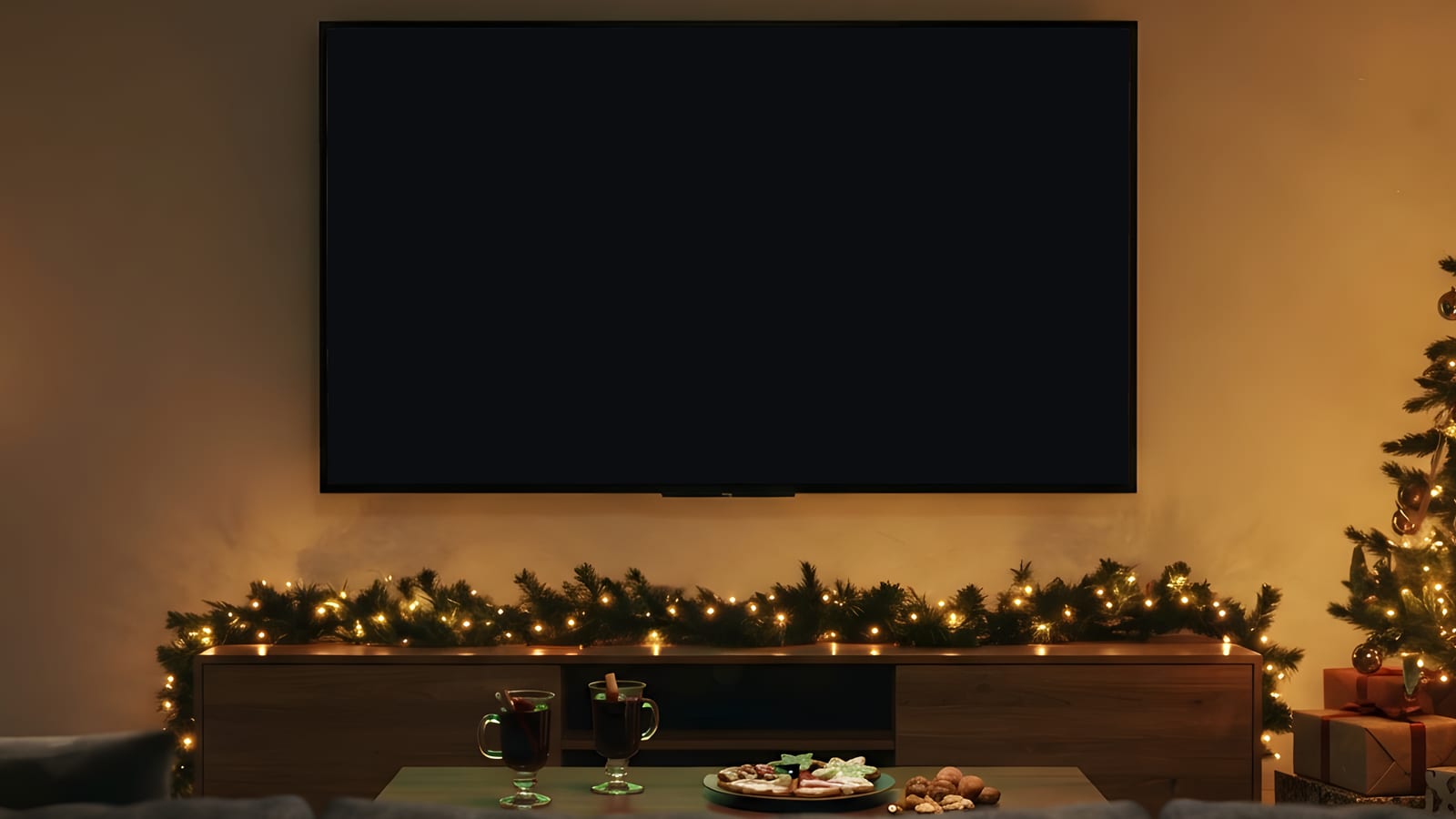 Living room decorated for Christmas: a lit-up tree, garland along the TV console, presents under the tree, and the TV glowing with warm lights.