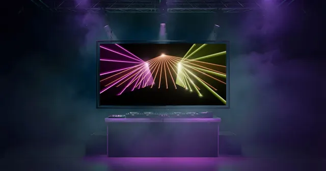 Cabina de DJ en una sala con humo: platos iluminados en morado, focos en una estructura del techo y una gran pantalla detrás de la cabina con haces láser.