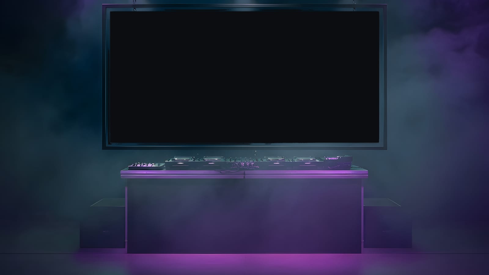 DJ booth in a smoky room: decks lit in purple, spotlights on an overhead truss, and a large screen behind the booth showing laser beams.