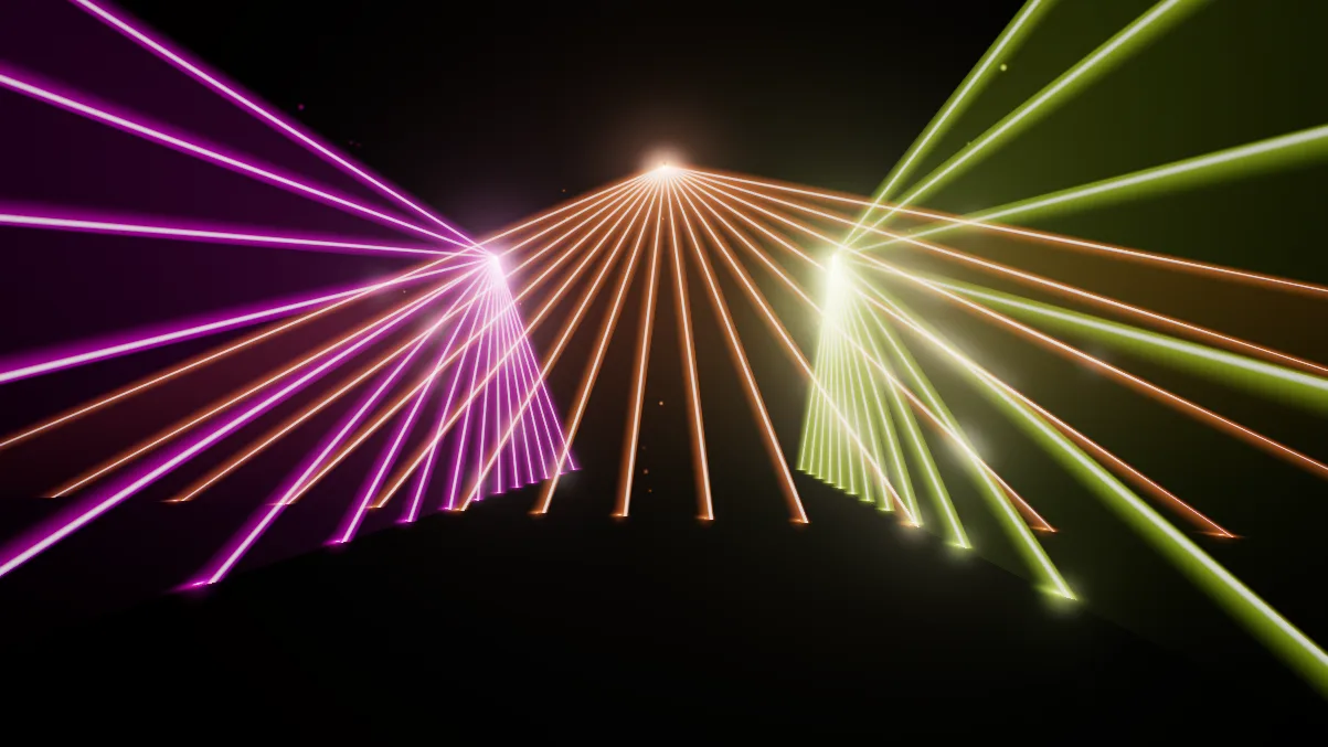 Halofloor’s LaserCathedral visual: pink, orange and green lasers fanning out.