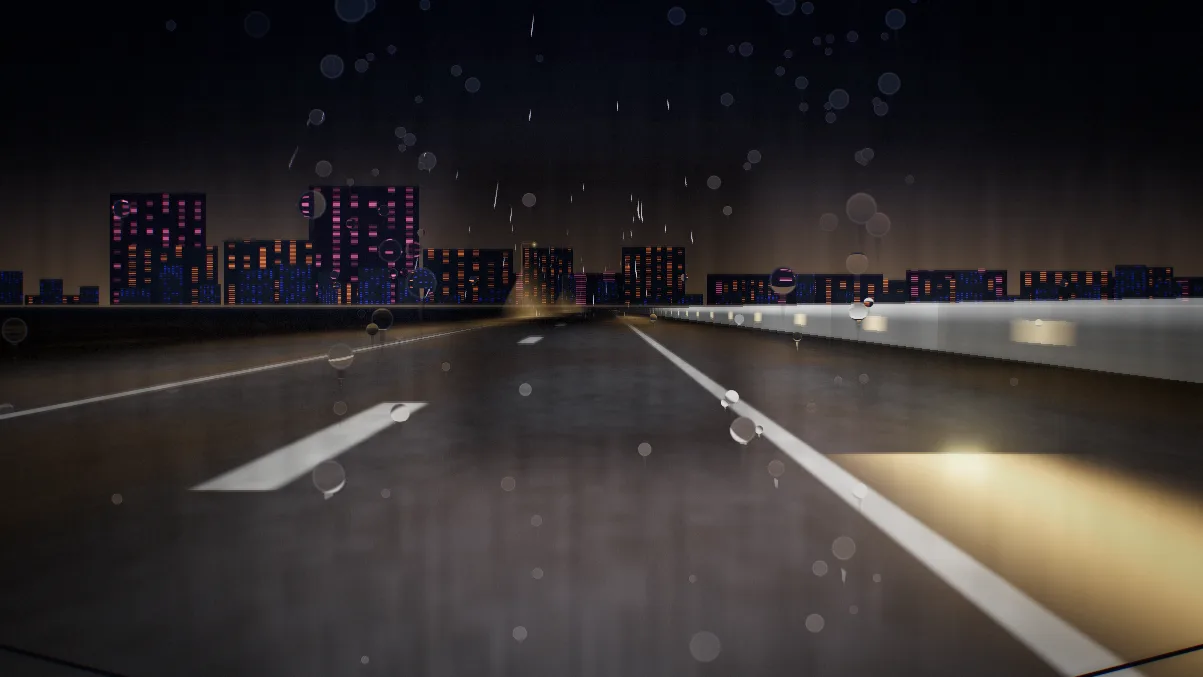Halofloor’s Nightdrive visual: a highway at night racing toward city lights.