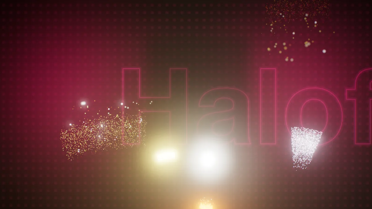 Halofloor’s Pyro visual: pyrotechnic bursts and sparks on a pink background.