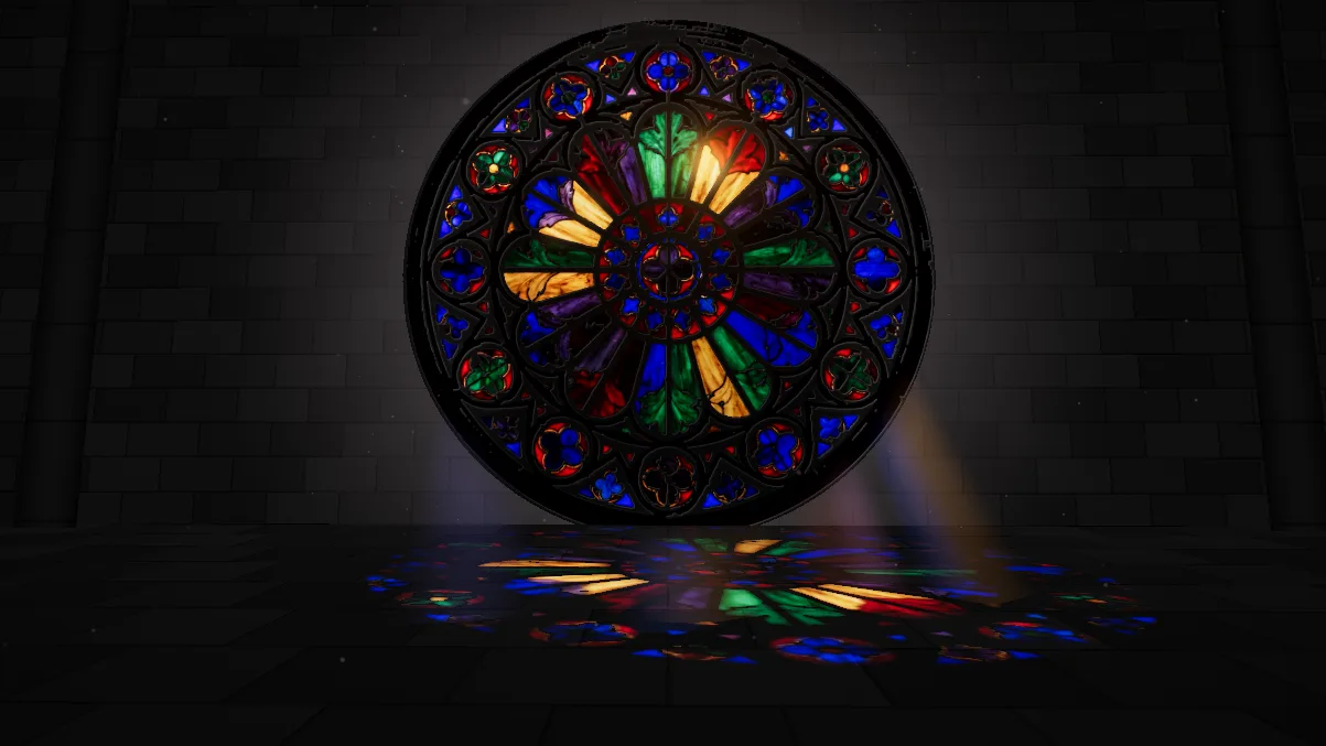 Visual Rosace de Halofloor: un rosetón de vidriera que proyecta luz de colores.