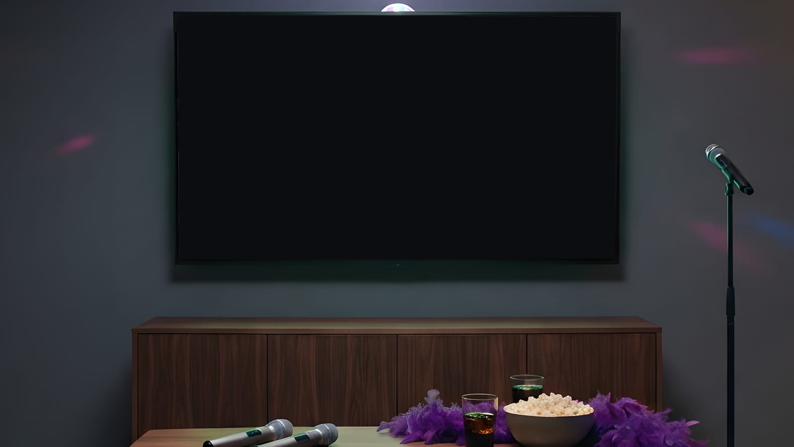 Living room set up for karaoke: a mic stand, two microphones and a purple feather boa on the coffee table, popcorn, a disco ball on the ceiling, and the TV showing song lyrics.