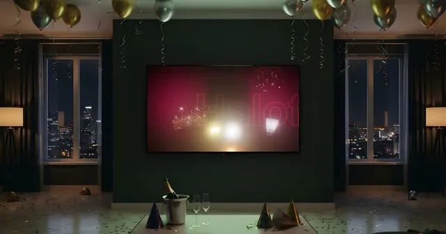 Piso preparado para Nochevieja: globos dorados en el techo, cava en una cubitera, gorros de fiesta y confeti en el suelo, la ciudad iluminada tras las ventanas y la tele con estallidos de luz.