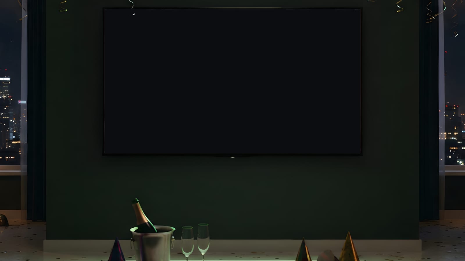 Apartment ready for New Year’s Eve: gold balloons on the ceiling, champagne on ice, party hats and confetti on the floor, city lights beyond the windows, and the TV showing bursts of light.