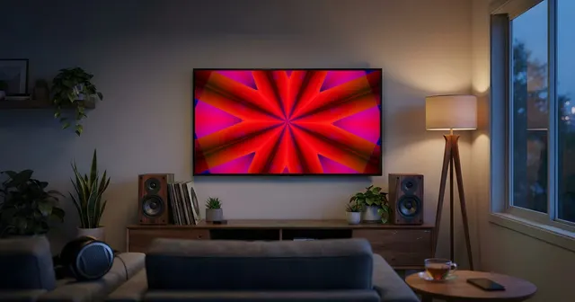 Salón al anochecer: una tele colgada en la pared muestra visuales de colores entre dos altavoces, sobre un mueble con vinilos, frente al sofá.