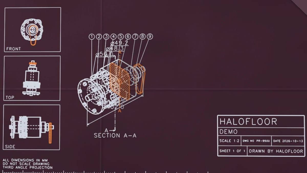Blueprint: a technical blueprint drawn live — screenshot of the Halofloor music visualizer