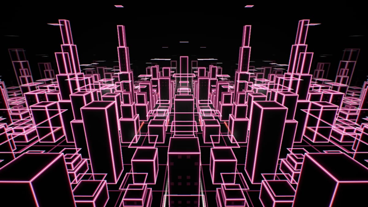 Cyberflight: a flight over a neon city — screenshot of the Halofloor music visualizer