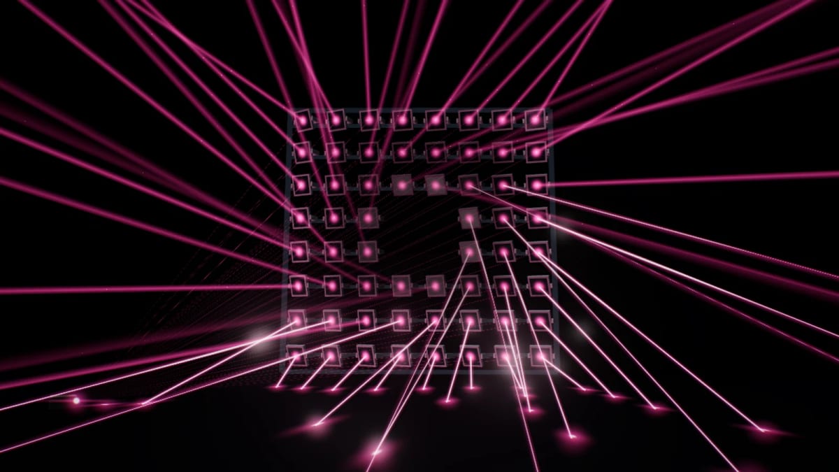 MirrorArray: one laser, 64 moving mirrors — screenshot of the Halofloor music visualizer