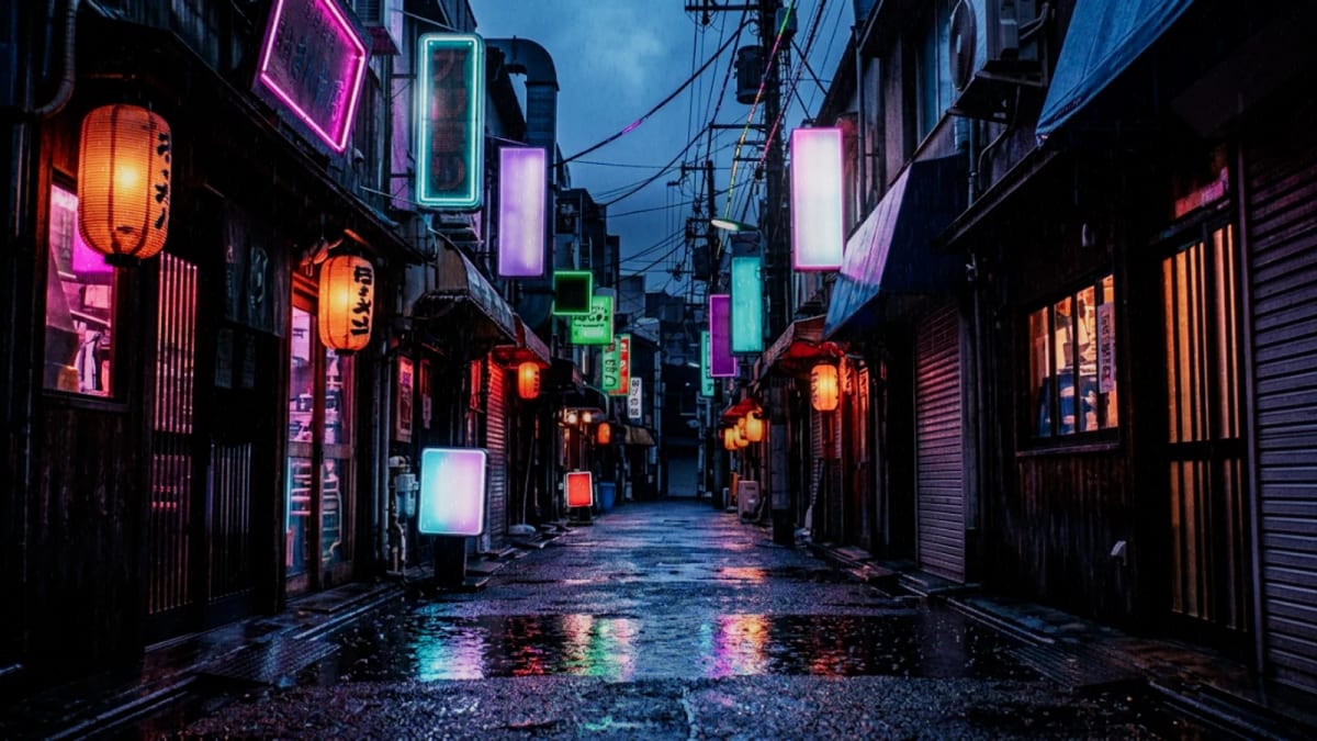 NeonAlley: a Tokyo alley in the rain — screenshot of the Halofloor music visualizer