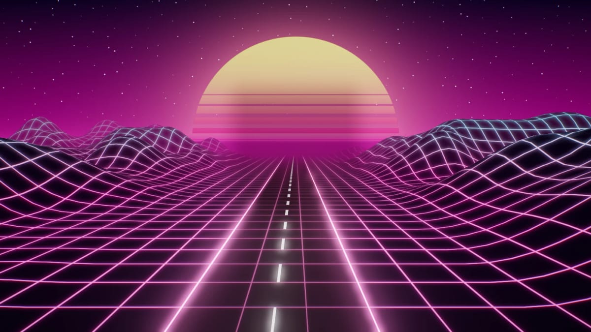 Outrun: a neon grid racing to a sunset — screenshot of the Halofloor music visualizer