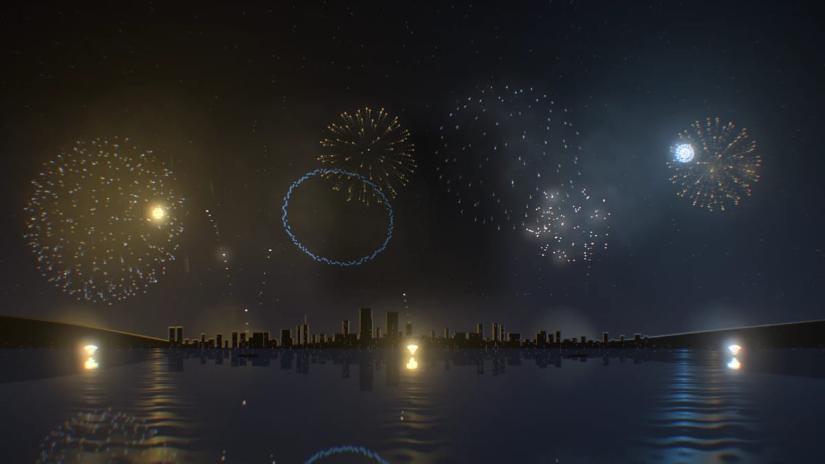 Pyromusical: a musical fireworks show over the bay — screenshot of the Halofloor music visualizer