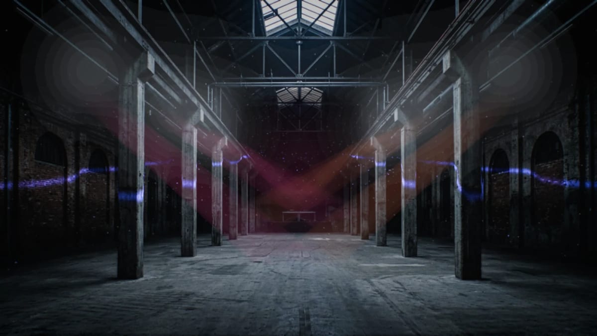Warehouse: a warehouse rave — screenshot of the Halofloor music visualizer