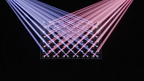 BeamWall : White and pink laser beams crossing above a stage