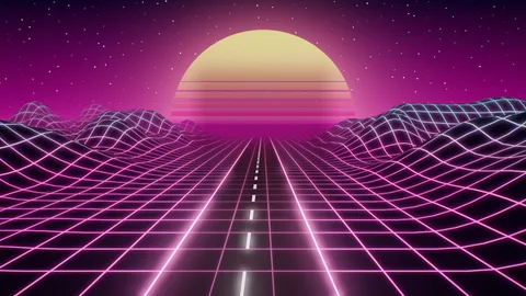 Outrun : a neon grid racing to a sunset
